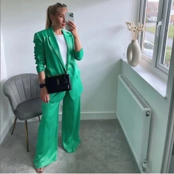 Zara Satin Effect Straight Cut Single Breasted Boyfriend Blazer Kelly Green Med - Picture 2 of 12